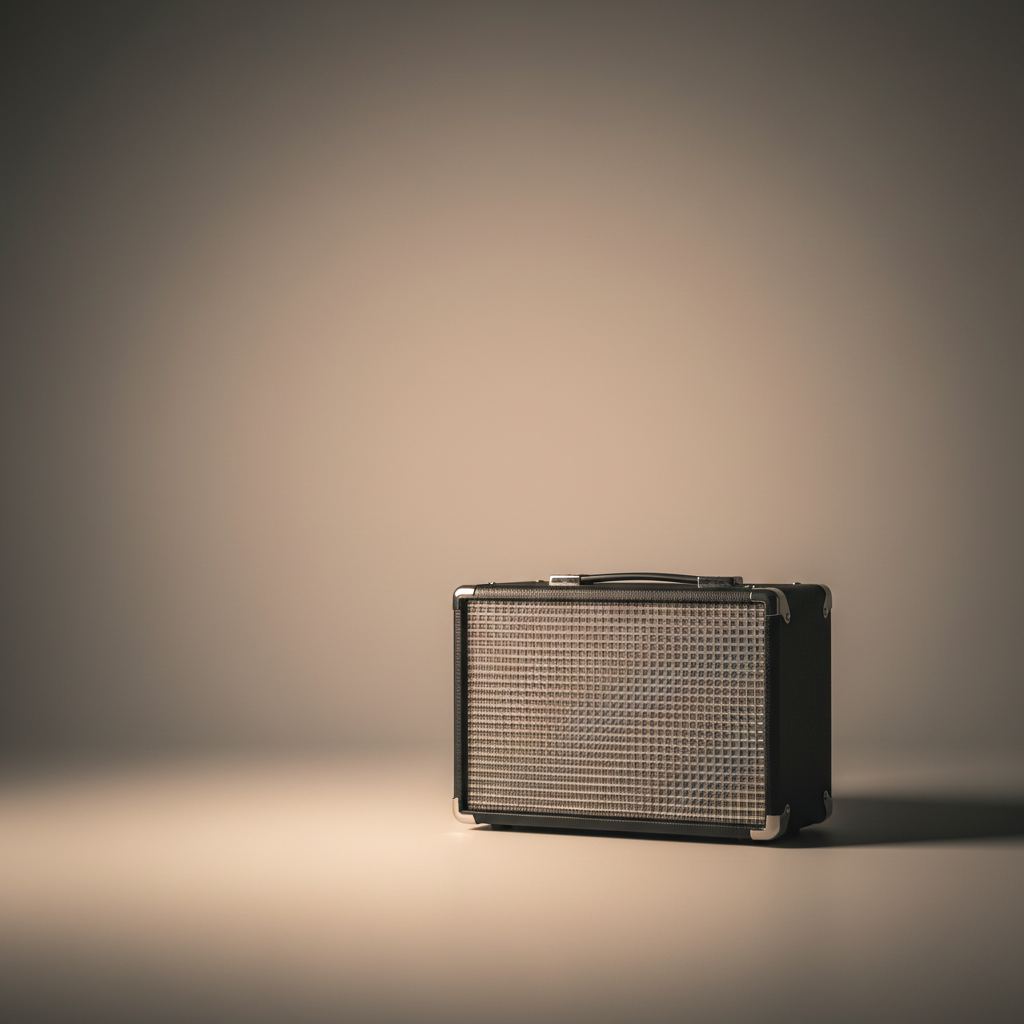 Square 1:1 photorealistic studio photo. Warm neutral gray gradient, soft vignette. Clean negative space (top-left). Center-right: a compact bass amplifier, grille texture detailed, clean edges, softbox reflections, soft shadow, premium minimal look, ultra realistic.