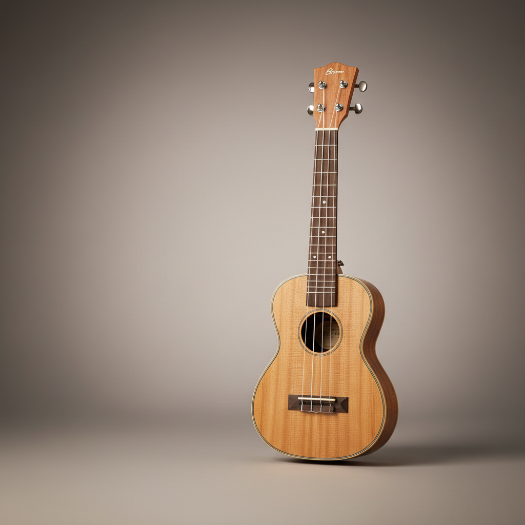 Square 1:1 photorealistic studio product photo. Warm neutral gray gradient, soft vignette. Clean negative space (top-left). Center-right: a soprano ukulele, refined wood texture, soft shadows, minimal luxury aesthetic, crisp details, modern product catalog lighting.