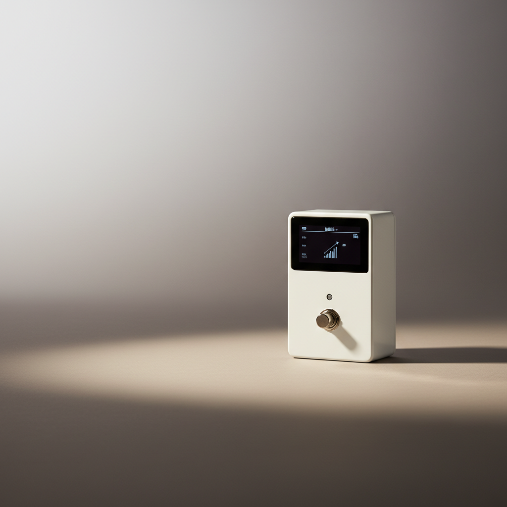 Square 1:1 photorealistic studio shot. Warm neutral gray gradient background, soft vignette. Clean negative space (top-left). Center-right: a sleek white tuner pedal with dark screen, minimal premium look, softbox highlights, soft shadows on matte surface, ultra sharp, modern catalog style.