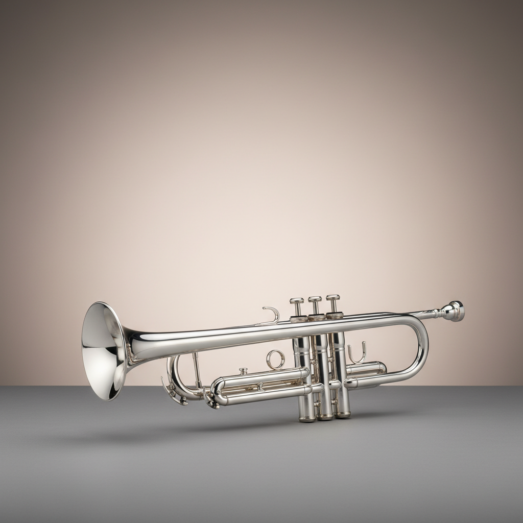 Square 1:1 photorealistic studio shot. Warm neutral gray gradient, soft vignette. Clean negative space (top-left). Center-right: a silver trumpet, polished metal with controlled reflections, soft shadow on matte surface, minimal luxury composition, ultra sharp details.