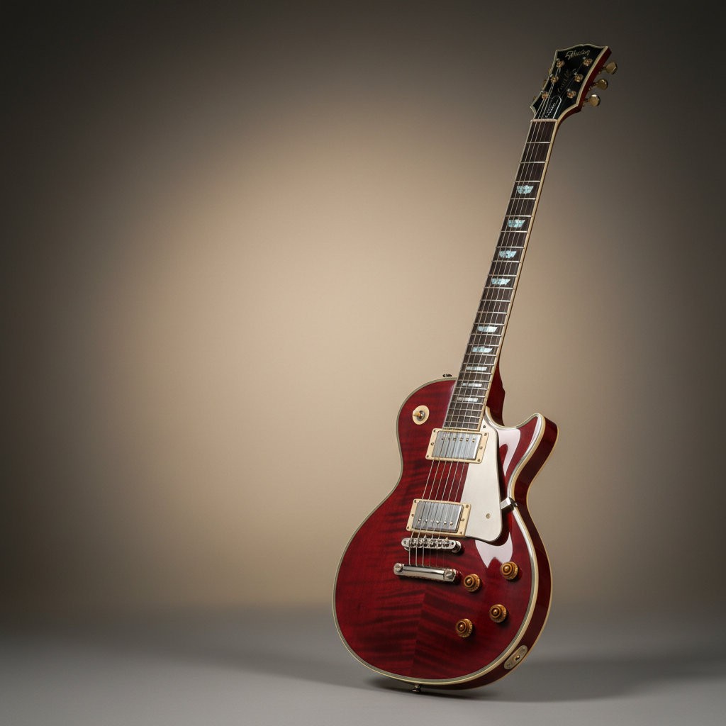 Square 1:1 premium studio photography. Warm neutral gray gradient, soft vignette. Clean negative space (top-left). Center-right: an elegant electric guitar, 3/4 view, refined finish with controlled reflections, soft shadow, slight depth of field, ultra realistic, no clutter.