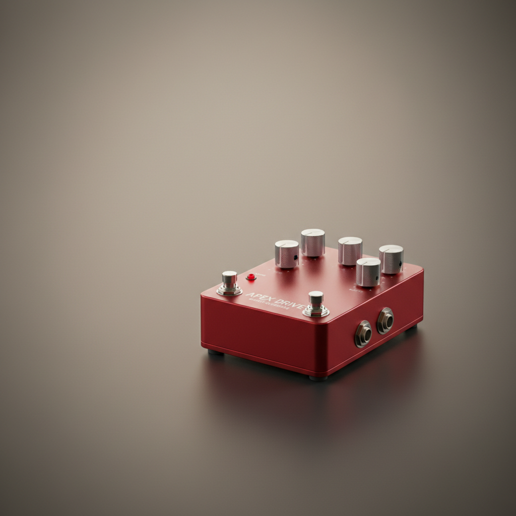 Square 1:1 premium studio product photo. Warm neutral gray gradient background, soft vignette. Minimal composition with clean negative space (top-left). Center-right: a high-end red guitar effects pedal in 3/4 angle on a matte surface, subtle reflections, crisp knobs, soft shadows, shallow depth of field, ultra realistic, elegant editorial lighting.