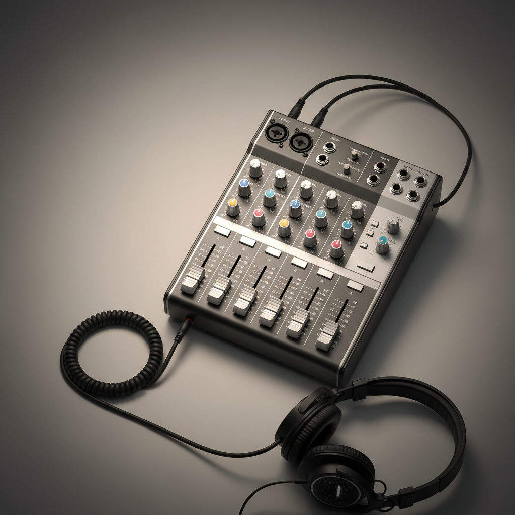 Square 1:1 premium studio product photography. Warm neutral gray gradient, soft vignette. Clean negative space (top-left). Center-right: a compact audio mixer, top-down slight angle, knobs and faders crisp, soft shadows, subtle highlights, modern professional vibe, ultra realistic.