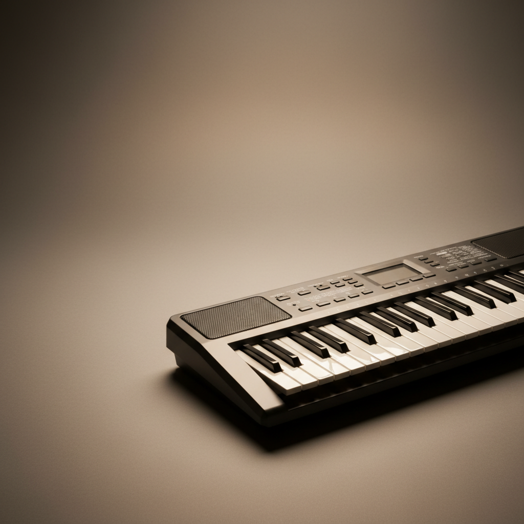 Square 1:1 premium studio shot. Warm neutral gray gradient background, soft vignette. Clean negative space (top-left). Center-right: a portable music keyboard angled slightly, keys sharp and realistic, subtle reflections, soft shadow on matte surface, minimal composition, ultra crisp.