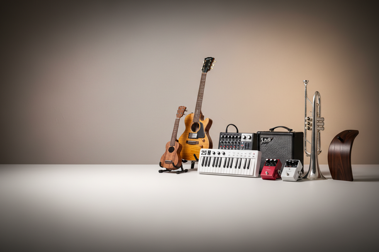 Wide horizontal hero banner, premium music store, photorealistic studio shot. Warm neutral gray gradient background, soft vignette. 40% empty space on left for headline. Right side: curated modern music gear lineup (electric guitar, ukulele, small keyboard, compact mixer, small bass amp, red effects pedal, white tuner pedal, silver trumpet, wooden wall hanger). Softbox lighting, subtle reflections, soft shadows, clean matte surface, slight depth of field, ultra crisp, elegant, no clutter.